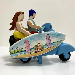 Scooter with couple & Art surfboard – Hand painted Blue