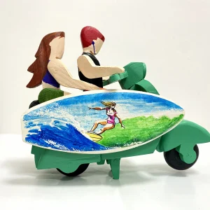 Scooter with couple & Art surfboard – Hand painted Green